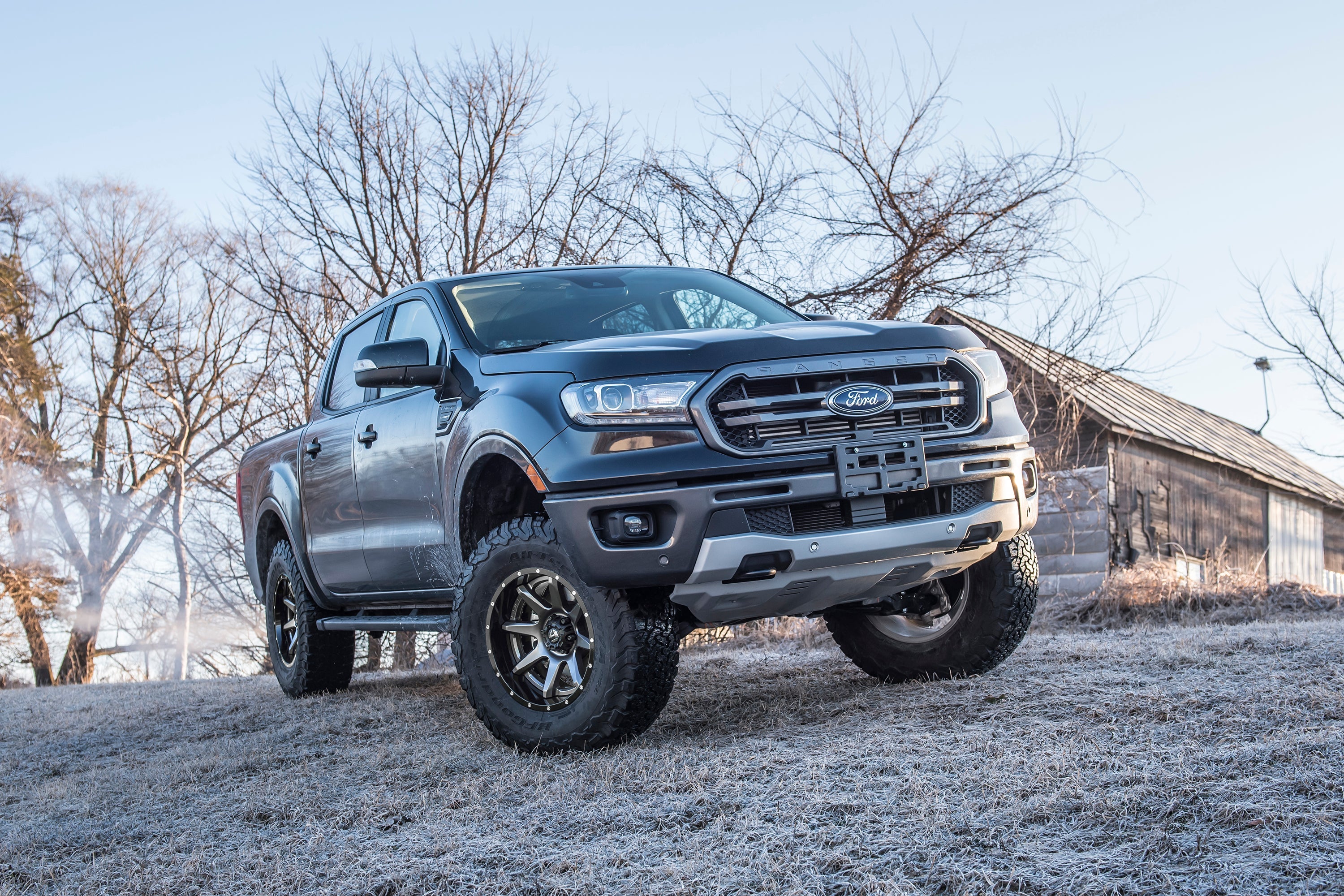 3.5 inch lift kit installed on a 2019-2023 Ford Ranger 4WD, showcasing enhanced off-road capability and rugged stance.