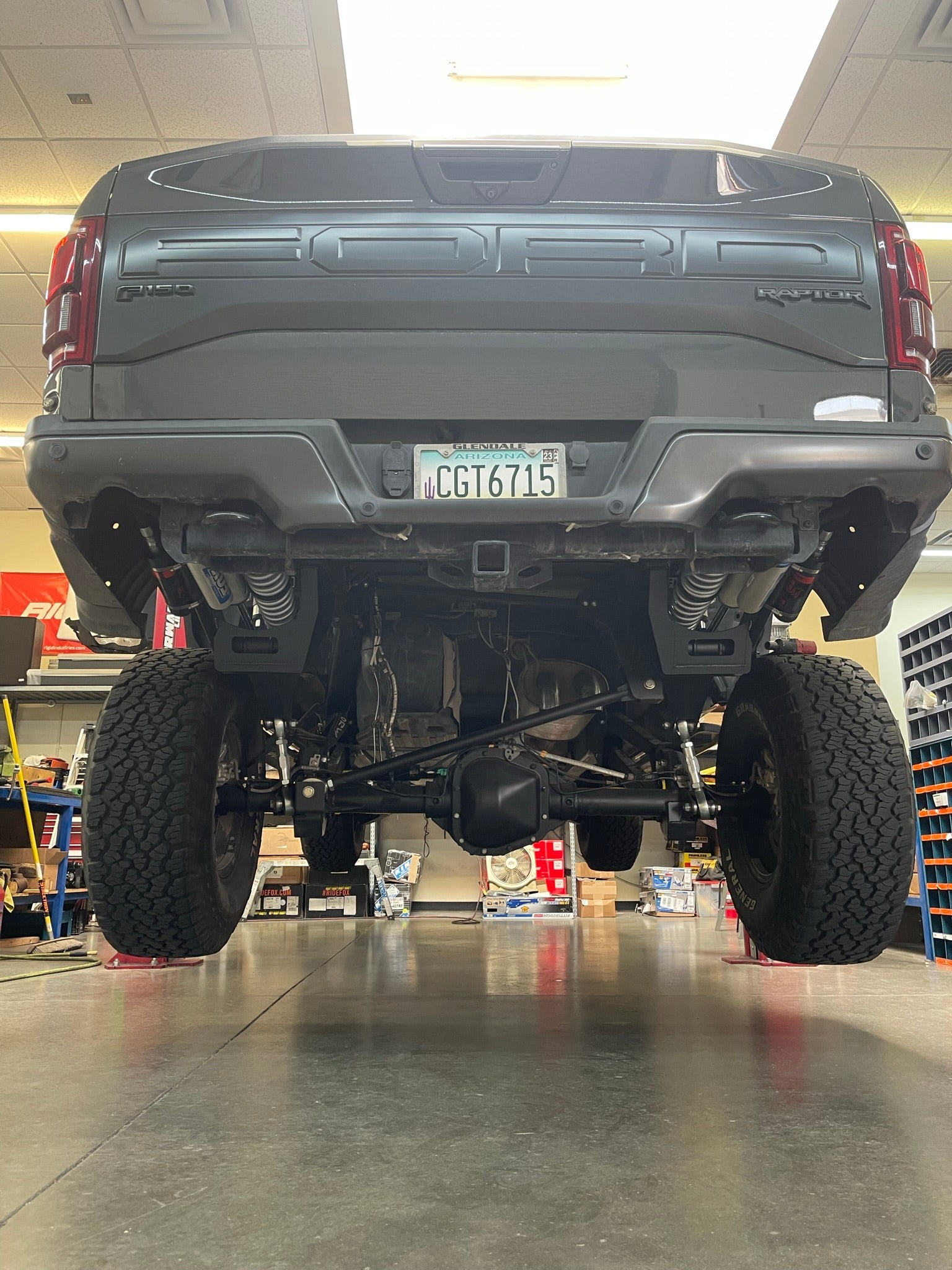 2017-2020 Raptor Long Travel 5-Link Rear Suspension Conversion Kit installed on F150, showcasing 19 inches of travel.