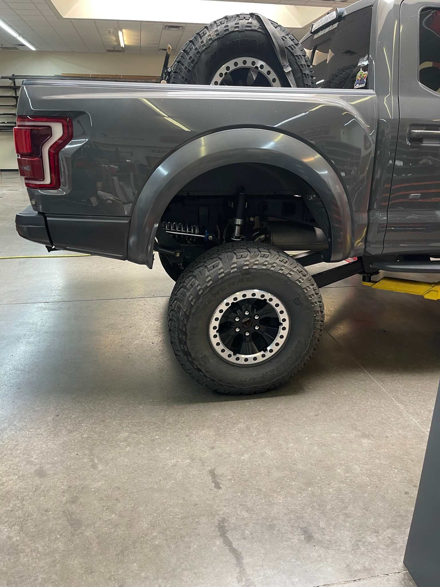 2017-2020 Raptor Long Travel 5-Link Rear Suspension Conversion Kit installed on F150, showcasing 19 inches of travel.