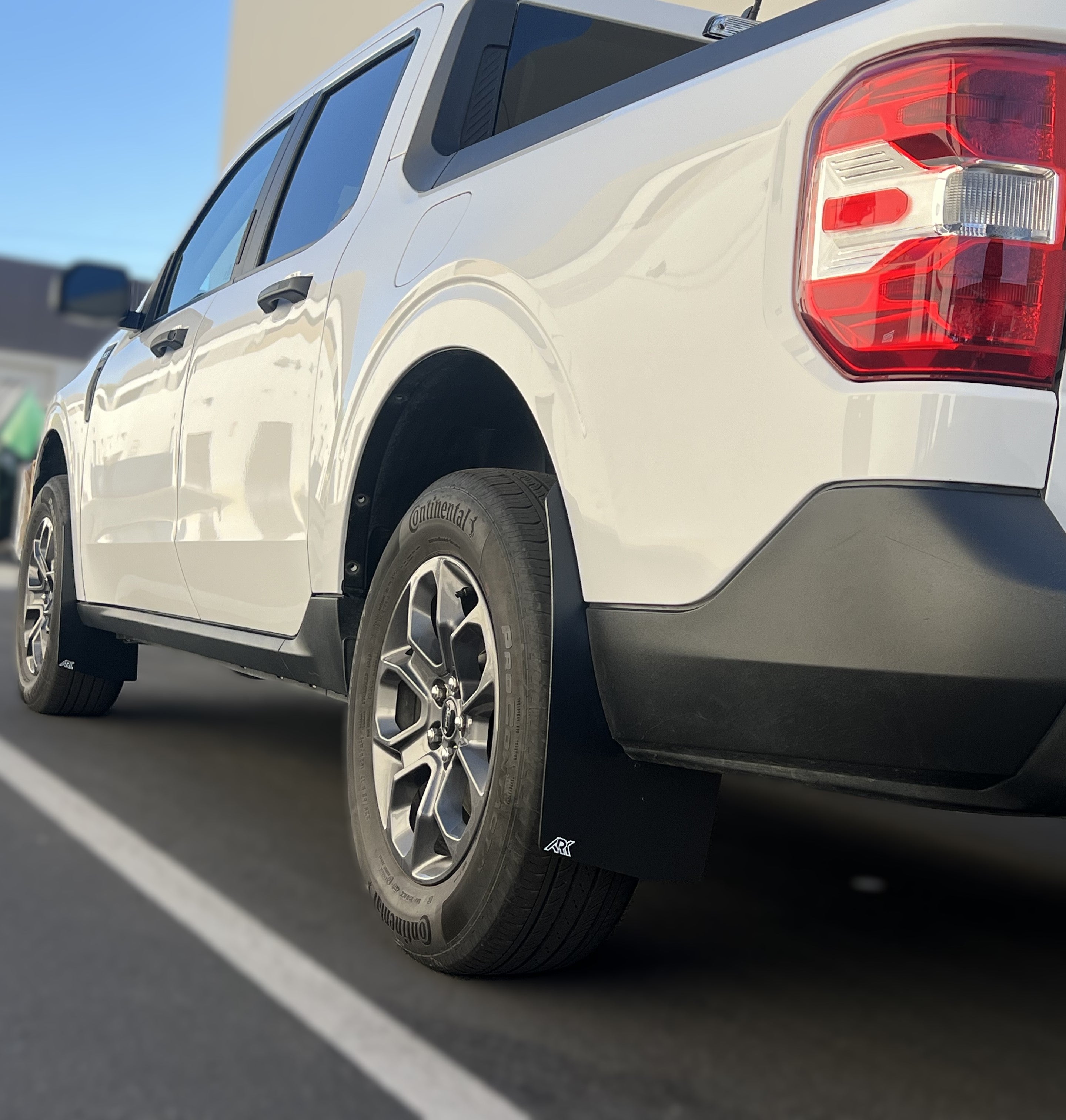 2022+ Ford Maverick with mud flaps installed, showcasing enhanced protection and rugged style for offroad driving.