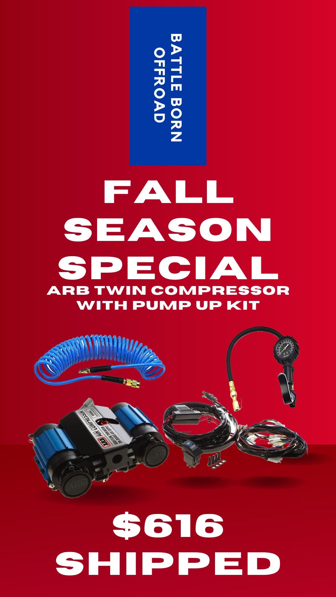 Fall season special ARB Twin Compressor package with pump-up kit, hoses, and accessories for offroad enthusiasts.