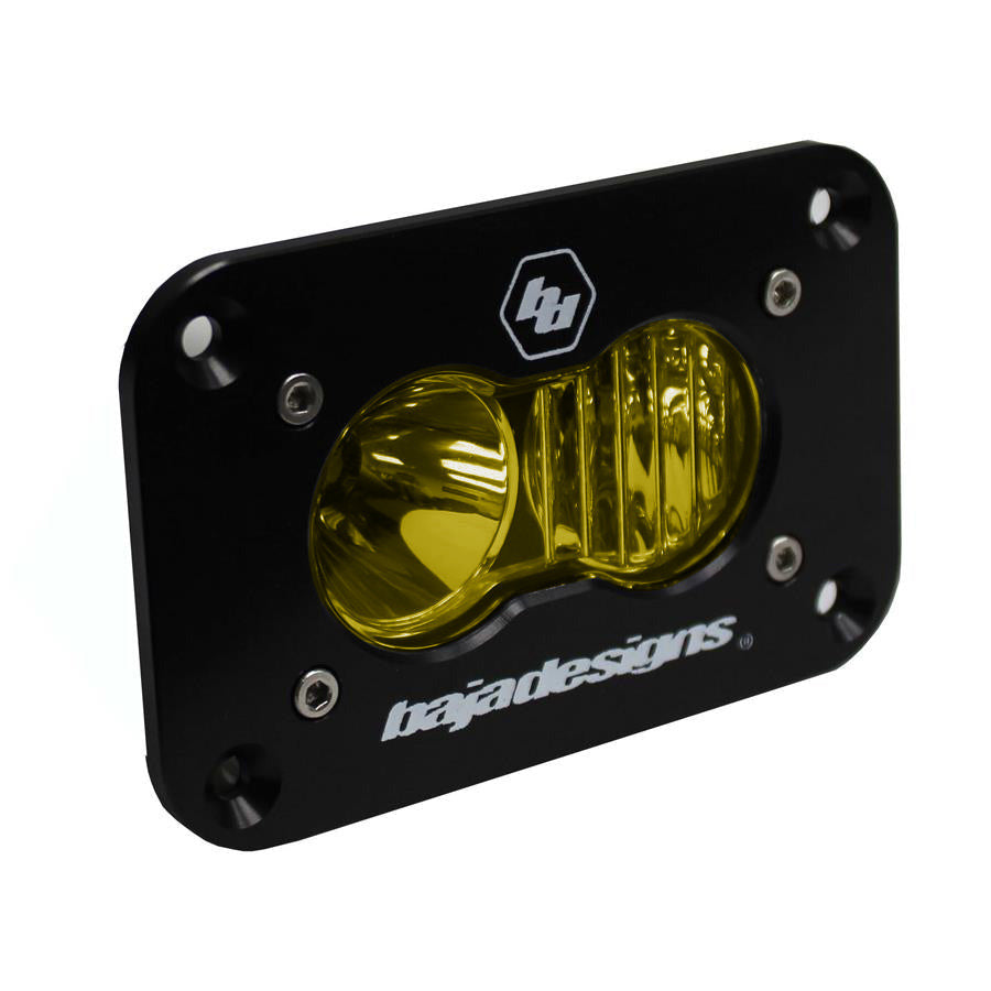 Baja Designs S2 Sport Amber Flush Mount light with a sleek black housing and amber lens for offroad visibility.