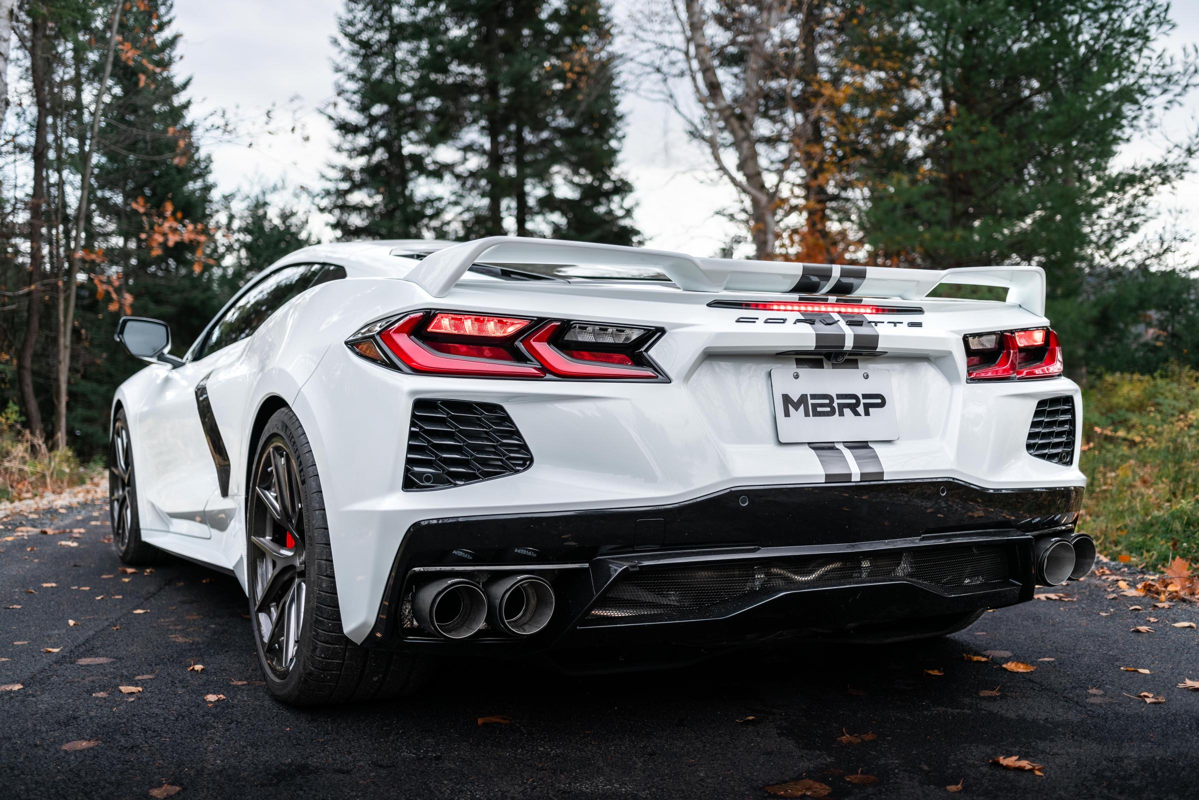 2020-2023 Chevrolet Corvette C8 6.2L Armor Pro T304 Stainless Steel 3 Inch Cat-Back Quad Split Rear with Carbon Fiber Tips Valve Delete MBRP