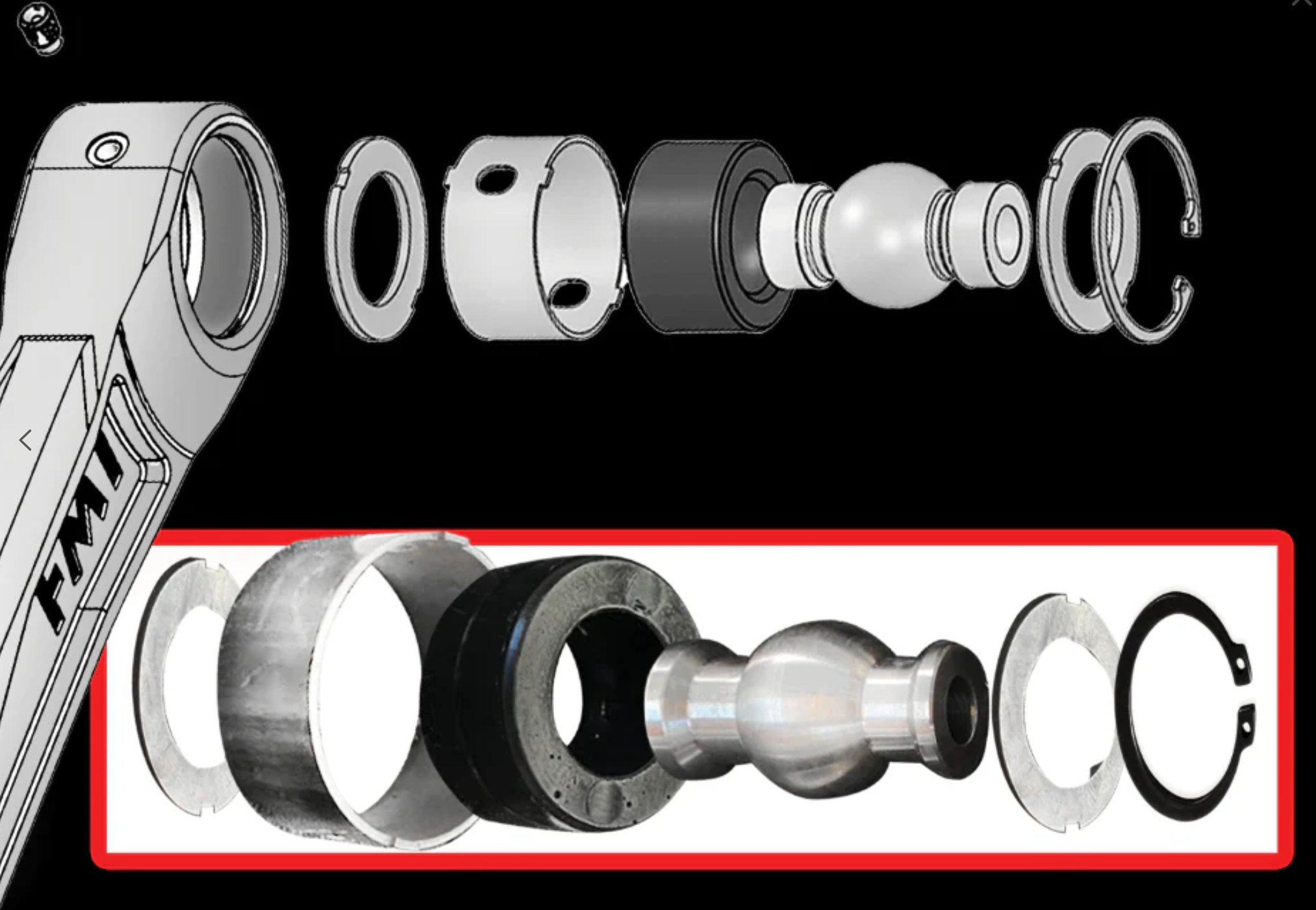 Exploded view of 2024 Ranger Raptor rear lower billet aluminum suspension arms featuring Ultra-Flex joints for enhanced performance.