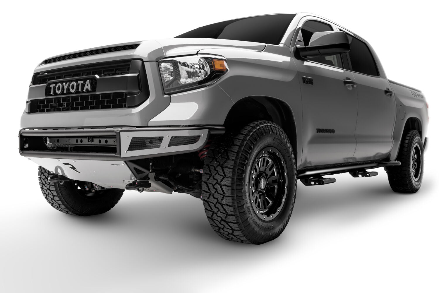 M-RDS Front Bumper Pre-Runner Radius Style 1 Piece with Integrated Brushed Aluminum Skid Plate 2014-2021 Toyota Tundra Gloss Black NFab