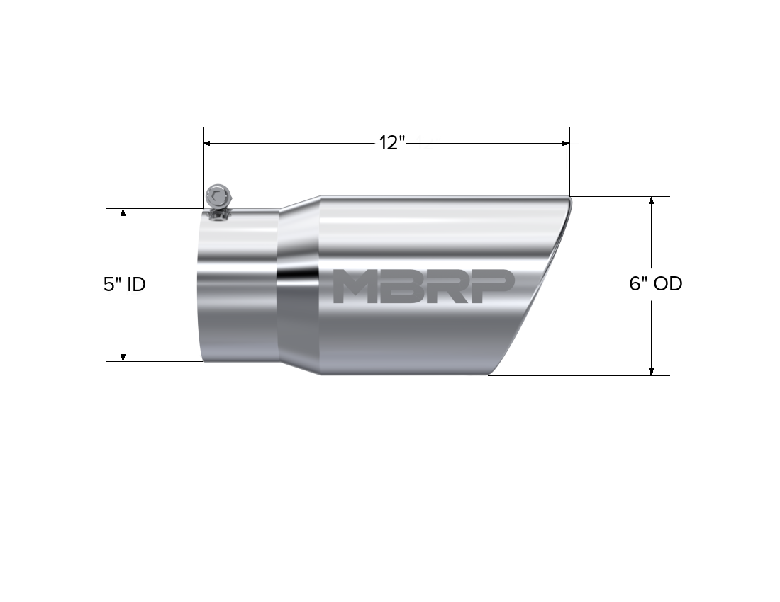Exhaust Tail Pipe Tip 6 Inch O.D. Angled Rolled End 5 Inch Inlet 12 Inch Length T304 Stainless Steel MBRP
