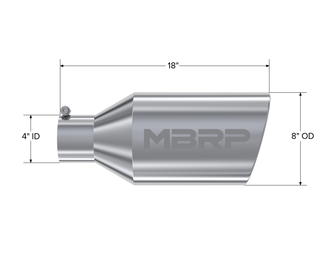 Exhaust Tip 8 Inch O.D. Rolled End 4 Inch Inlet 18 Inch Length T304 Stainless Steel MBRP
