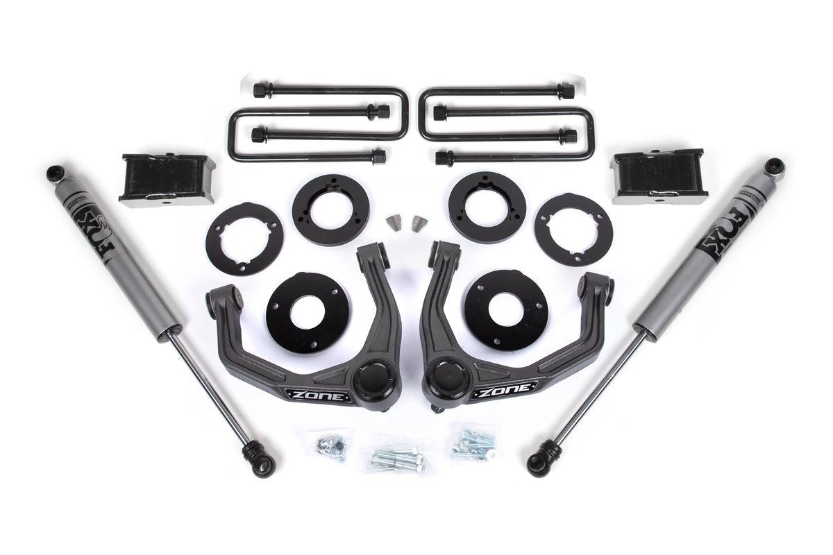 19-22 Silverado/Sierra 1500 AT4 / Trail Boss 1.75 Inch Lift Kit 1 Inch Rear Block With Fox Adventure Shocks Zone Offroad