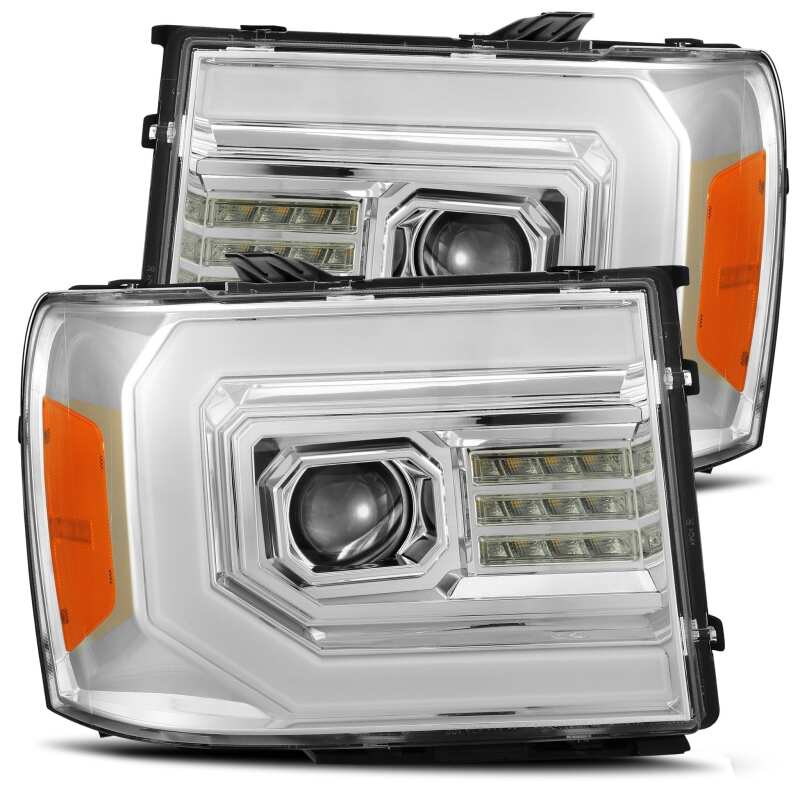 AlphaRex LUXX-Series LED projector headlights for 2007-2013 GMC Sierra 1500 with chrome finish, active lighting, and sequential signals.
