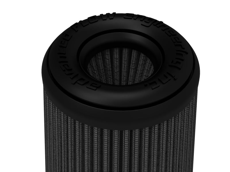Afe Momentum replacement air filter featuring a cylindrical design with a black rubber top and pleated filter material.