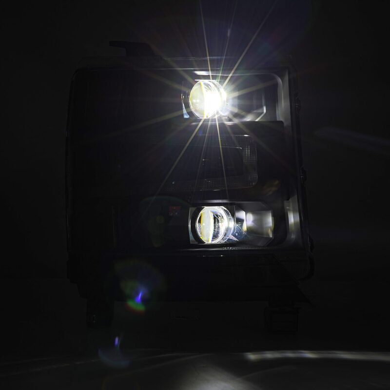 AlphaRex LUXX LED projector headlights for 2016-2018 Chevy 1500HD with sequential activation lights.