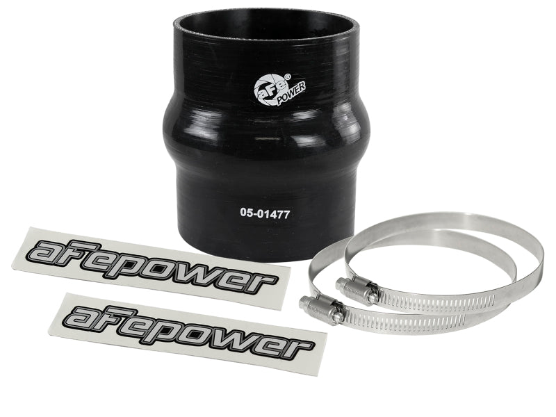 Black afe Magnum FORCE Intake Coupling Kit featuring a straight coupler, two stainless steel clamps, and branded stickers.