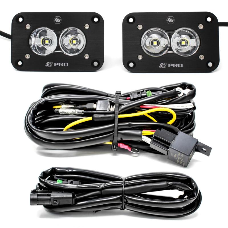 Baja Designs S2 Pro Flush Mount LED Light Pod Kit with wiring harness for work and scene lighting applications.