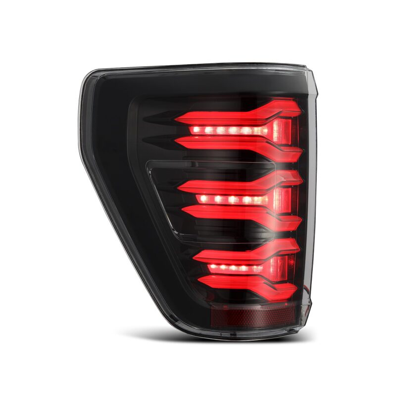 AlphaRex LUXX LED projector tail lights for 2021-2022 Ford F150 in alpha-black finish, featuring a sleek design and bright LEDs.