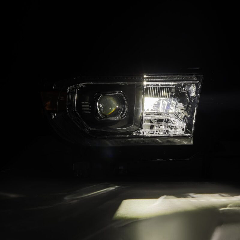 AlphaRex LUXX LED projector headlight for 07-13 Toyota Tundra and 08-17 Sequoia with chrome finish and sequential signals.