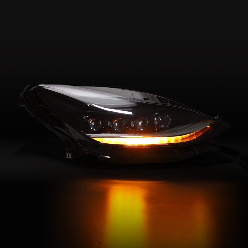 AlphaRex NOVA LED projector headlights for 2017-2022 Tesla Model 3 and 2020-2023 Model Y in black with sequential signals.