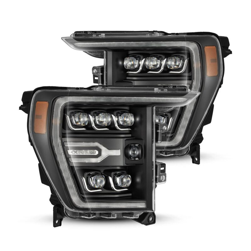 AlphaRex NOVA LED projector headlights for 2021-2022 Ford F-150, featuring a plank style design with sequential signals.