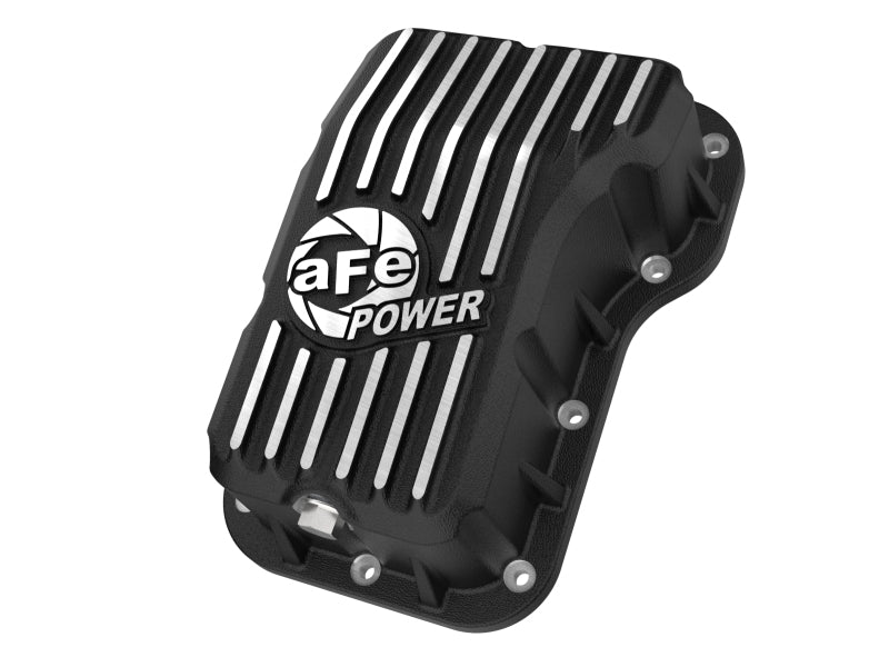 aFe POWER transmission pan for Jeep Wrangler JL 2018-2025, designed for L4-2.0L engines, featuring a sleek black finish and ribbed design.