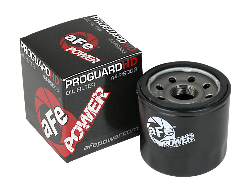 aFe ProGuard oil filter in a black finish with a box, designed for Yamaha models, sold in a four-pack.