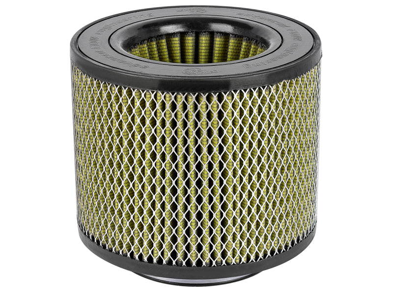 Afe Magnum FORCE replacement air filter featuring a cylindrical design with expanded metal and dimensions of 5.5 inches front, 9 inches back, 9 inches top, and 7 inches height.