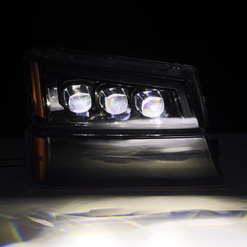 AlphaRex NOVA LED projector headlights for 03-06 Chevy Silverado and Avalanche, featuring a sleek black design and bright illumination.