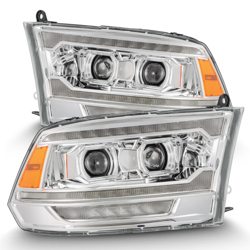 AlphaRex PRO-Series projector headlights for 09-18 Ram 1500 with chrome finish, sequential signals, and DRL features.