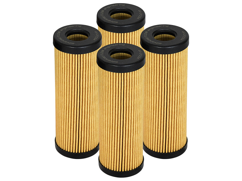 afe PROGUARD oil filters stacked together, showcasing their pleated design and durable end caps for optimal engine protection.