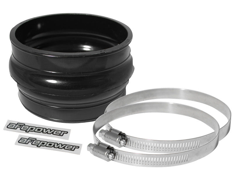 Black afe Magnum FORCE Intake Coupling Kit featuring a straight coupler, two stainless steel clamps, and stickers.