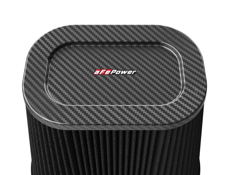 aFe Track Series replacement air filter featuring a carbon fiber top and pleated design for enhanced airflow and performance.
