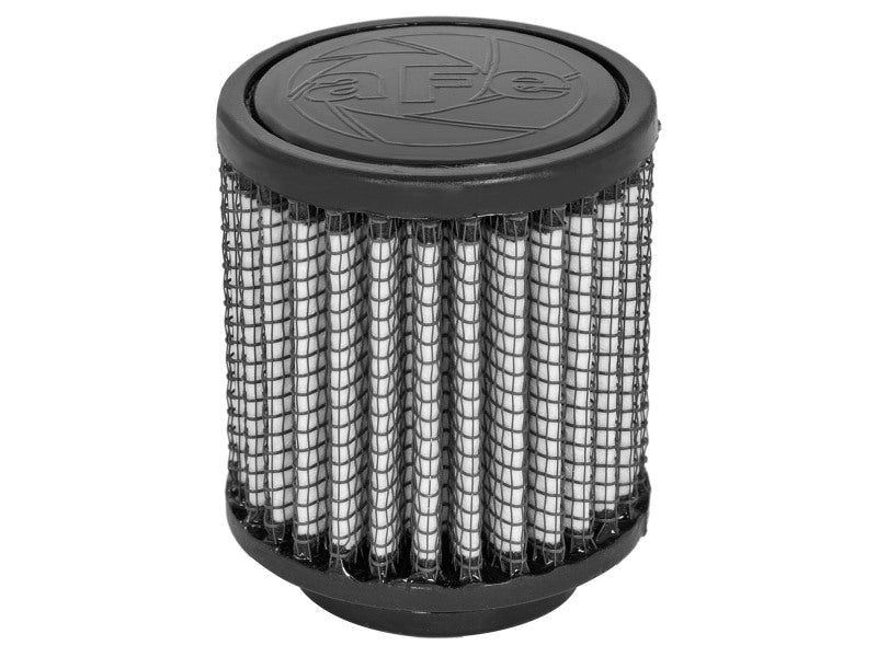 aFe Magnum FLOW crankcase vent filter with a cylindrical design, featuring a mesh exterior and a branded top for efficient airflow.