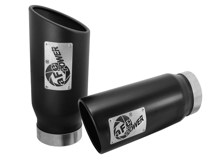 Black afe MACH Force-Xp universal exhaust tips with a 4-inch inlet, 5-inch outlet, and 12-inch length for enhanced performance.