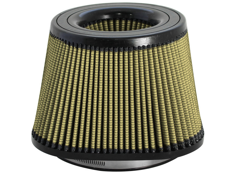 Universal air filter with a conical design, featuring a black base and gold mesh, designed for optimal airflow and performance.
