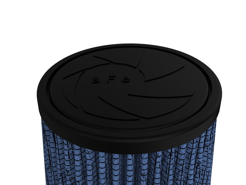 Universal aFe Magnum FLOW air filter with a cylindrical design, featuring a black top and blue pleated filter material.