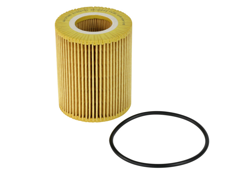 afe PROGUARD oil filter with a cylindrical design and a black rubber O-ring for secure installation.