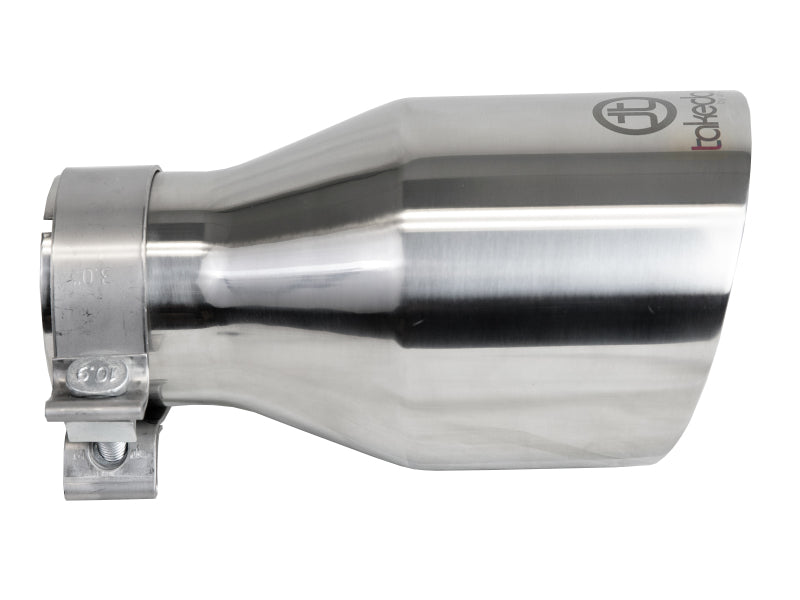 Polished afe Takeda universal exhaust tip with a 3-inch inlet, 5-inch outlet, and 9-inch length for enhanced performance.
