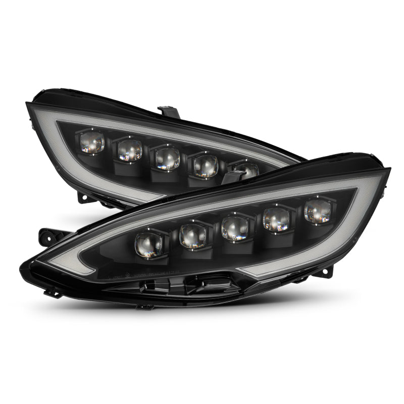 AlphaRex NOVA-Series LED projector headlights for 12-21 Tesla Model S in black with activation light and sequential signal.