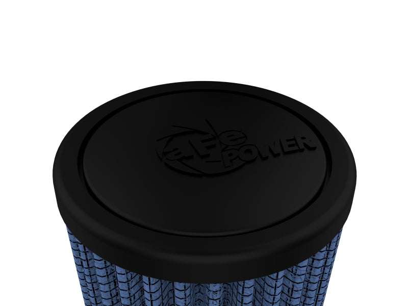 afe Magnum FLOW crankcase vent filter with a black top and blue mesh design, measuring 1-1/4 inches by 3-3/4 inches by 3 inches.