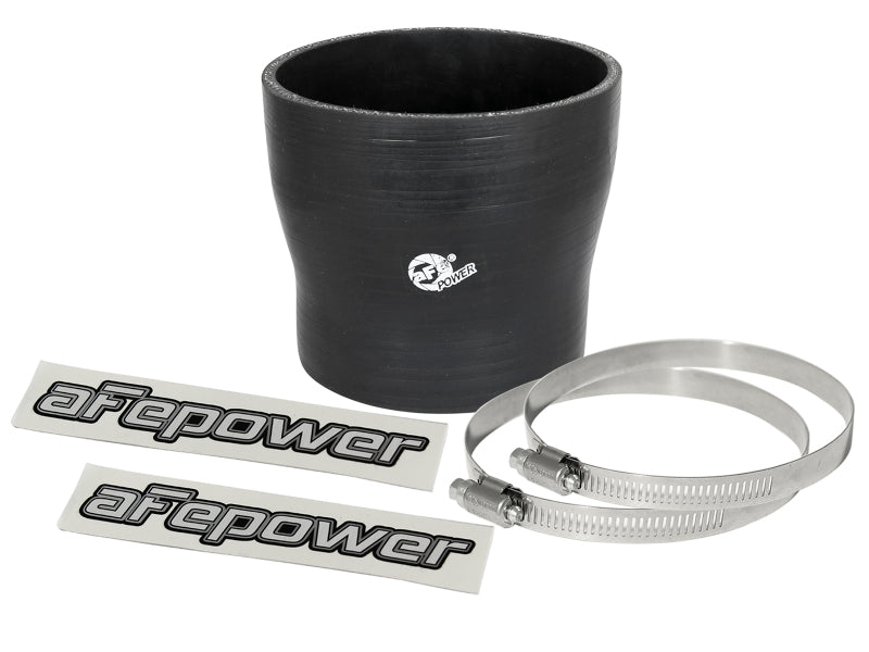 afe Magnum FORCE Intake Coupling Kit featuring a straight black silicone coupler, two stainless steel clamps, and branded stickers.