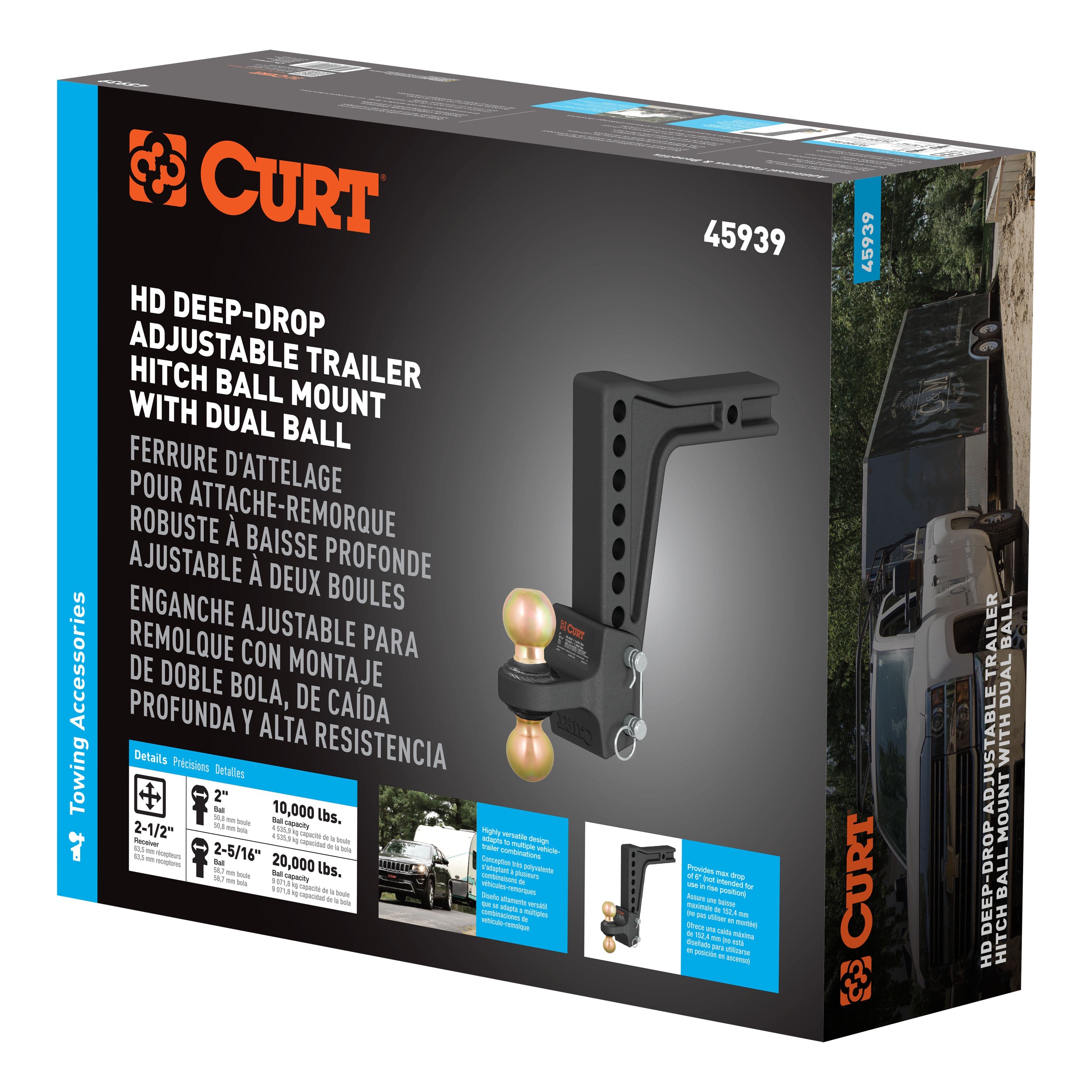 CURT HD Deep-Drop Adjustable Trailer Hitch Ball Mount with Dual Ball, 2-1/2" Shank, Up to 20,000 lbs Model 45939