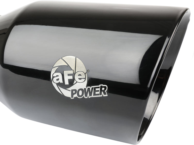 Black aFe MACH Force-Xp universal exhaust tip with a 3-inch inlet, 4.5-inch outlet, and 9-inch length, featuring logo.