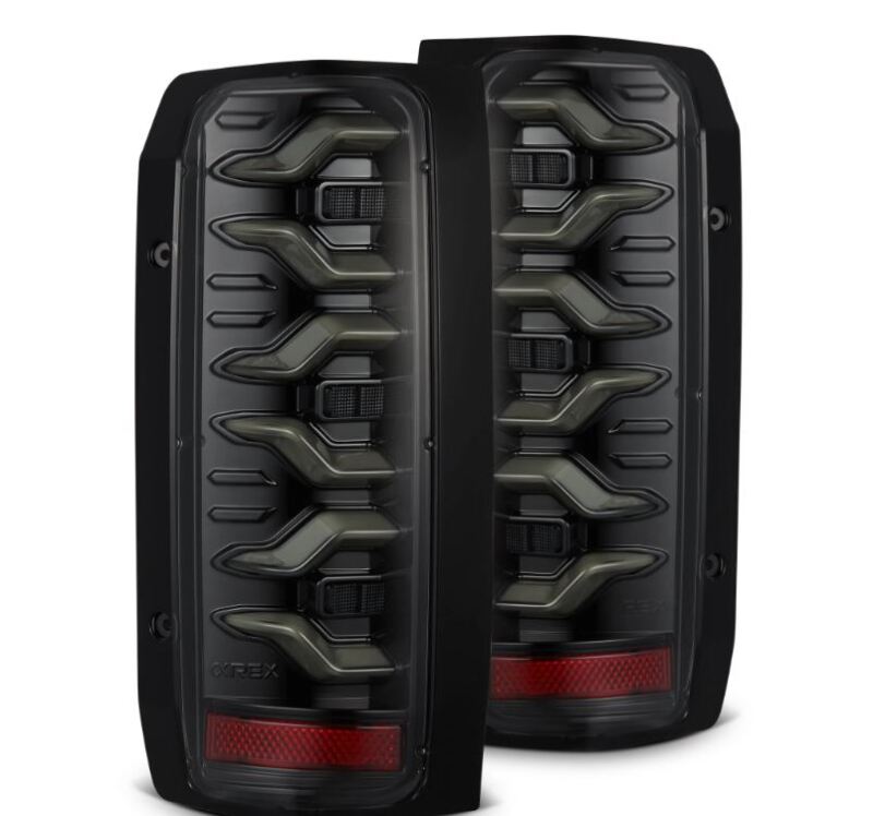 AlphaRex Luxx-Series LED tail lights for 87-96 Ford Bronco and F-150 in alpha-black finish, featuring a modern design.
