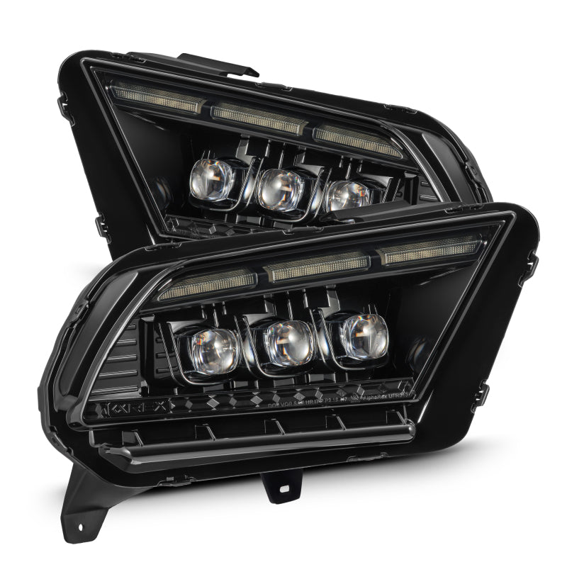 AlphaRex 13-14 Ford Mustang NOVA LED projector headlights in black with active lighting and sequential signal features.