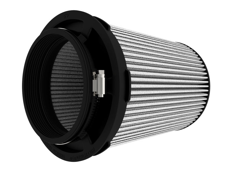 Inverted air filter designed for AFE Momentum intake systems, featuring a cylindrical shape with a black frame and pleated media.