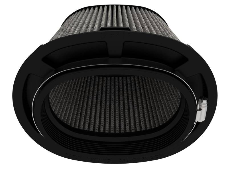 aFe MagnumFLOW Pro DRY S Air Filter featuring a cylindrical design with a black frame and pleated filter media for enhanced airflow.