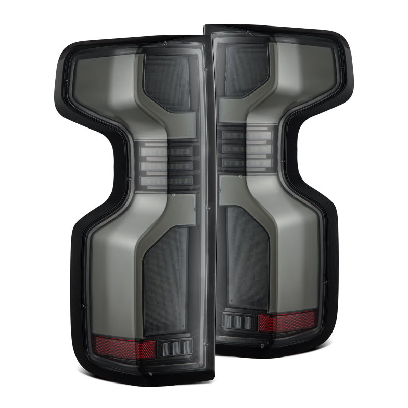 AlphaRex LUXX-Series LED tail lights for 19-24 Chevy Silverado 1500 and 20-24 2500HD/3500HD in alpha black finish.