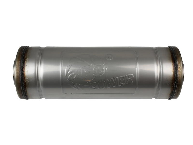 Afe MACH Force-Xp round muffler with 3-inch inlet, 5-inch diameter, and 14-inch length for enhanced exhaust performance.