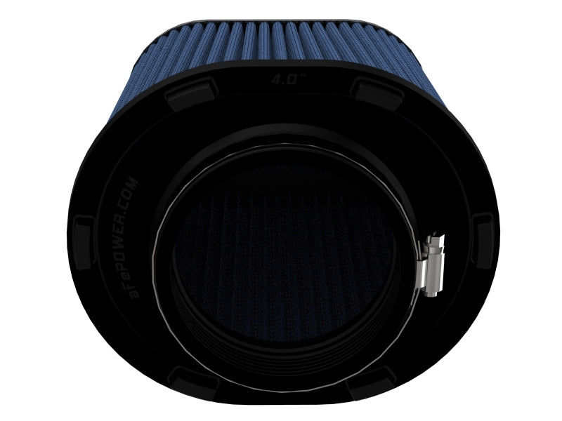 afe Track Series Intake Replacement Air Filter with a 4-inch inlet, featuring a cylindrical design and blue filter media.