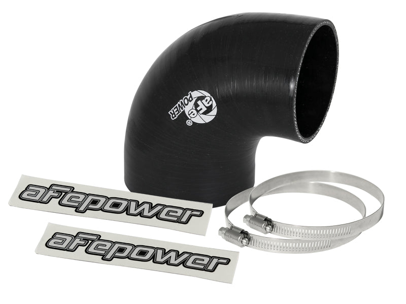 Black 90-degree elbow reducing coupler for afe Magnum FORCE Intake, includes two clamps and aefpower stickers.