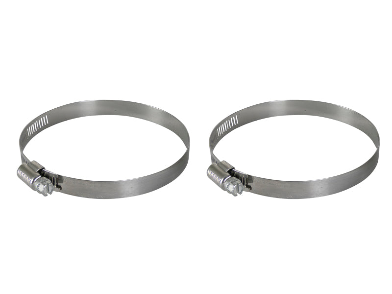 Replacement clamp kit for afe Magnum FORCE, includes two stainless steel clamps for 3-5/16 inch to 4-1/4 inch ID range.