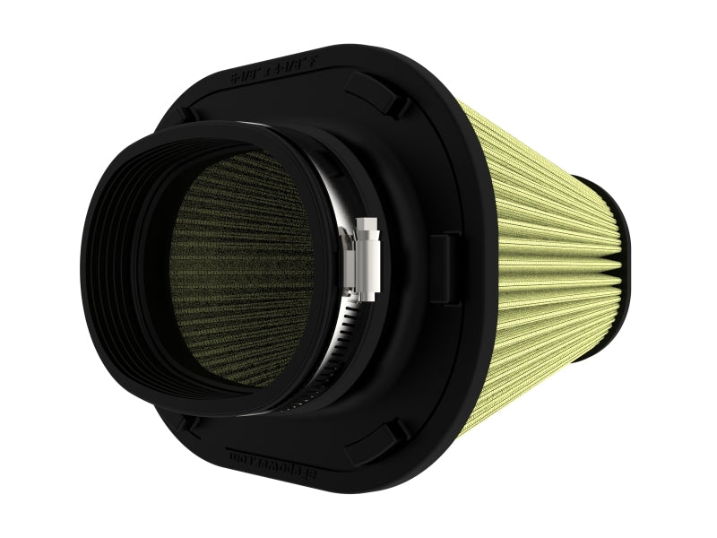 afe Track Series intake replacement air filter featuring a cylindrical design with a black frame and yellow filter media, measuring 6-1/8x4-1/8 inches at the inlet.